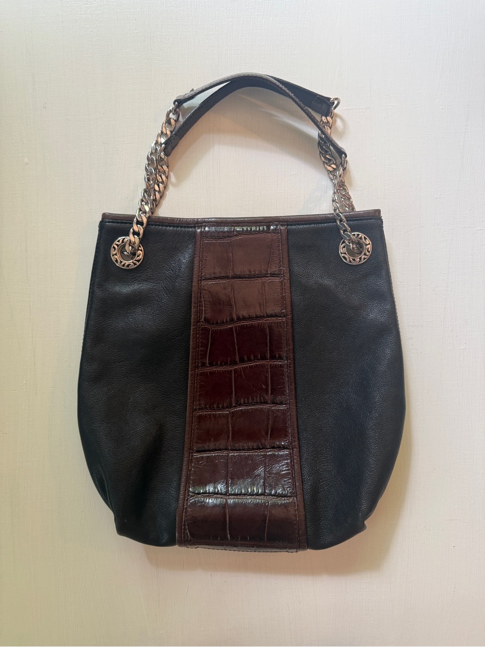 BRIGHTON Shoulder Bag Black Pebbled Leather w/ Brown Croc